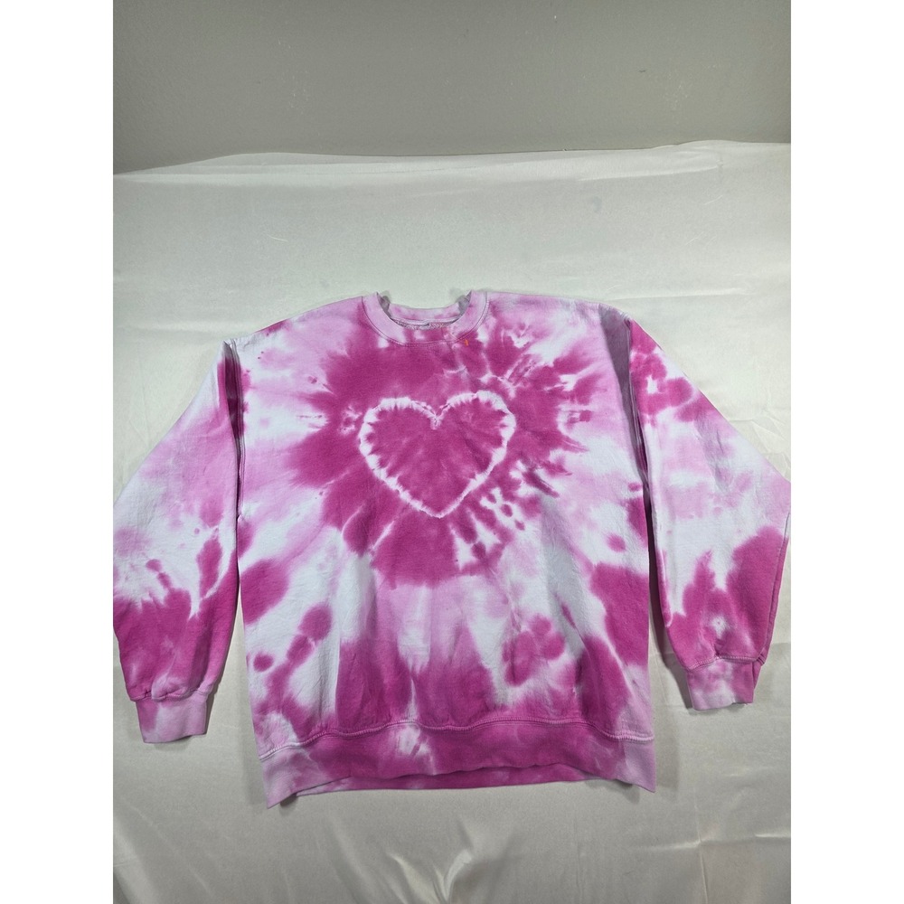 Pink Heart Tie Dye Sweatshirt Crewneck Pullover Pink White Fleece Lined XL
